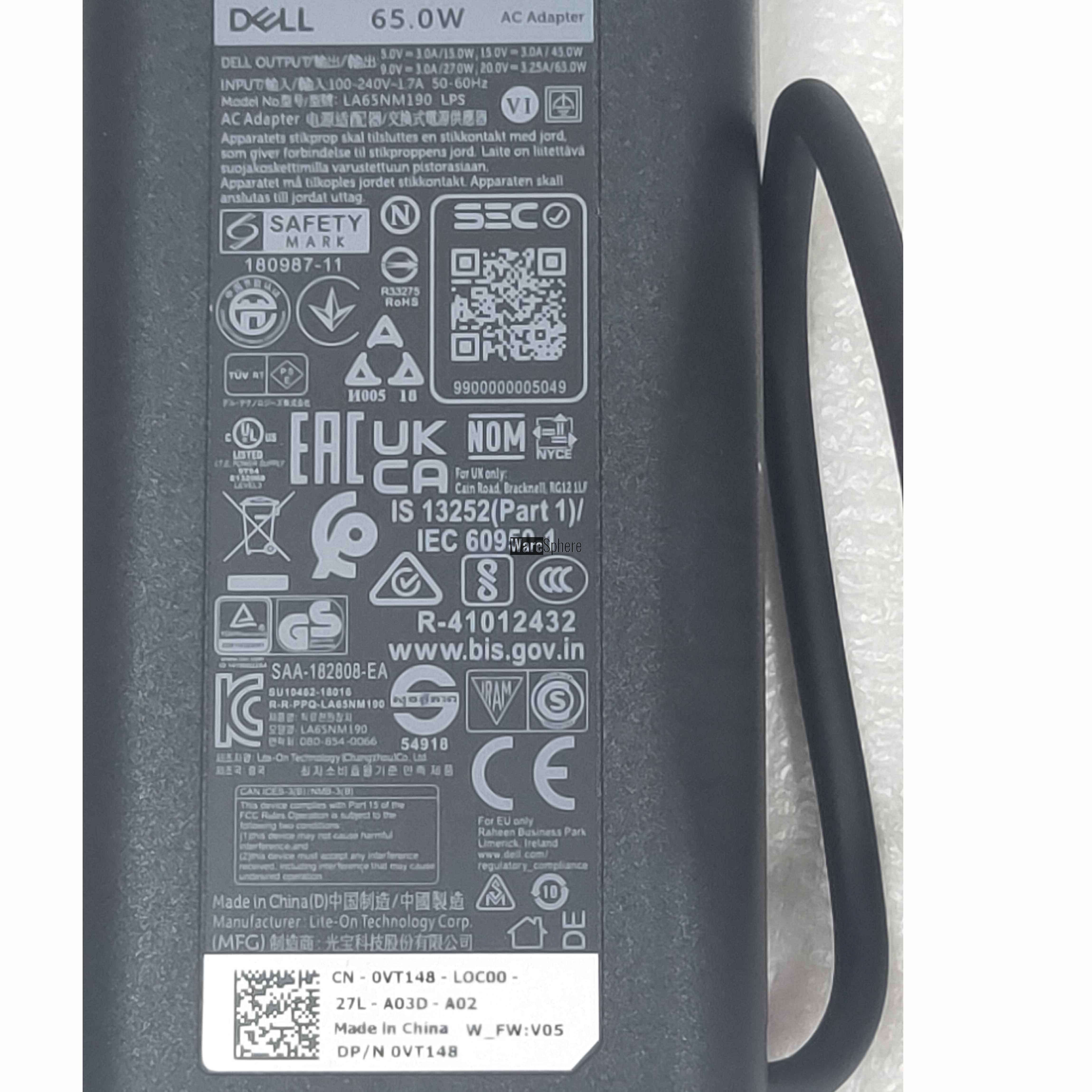 65W 19.5V 3.33A AC Adapter for Dell LA65NM190 0VT148 USB-C 65W